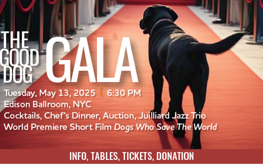 Horizontal image of black dog on red carpet. Text: "The Good Dog Gala. Tuesday, May 13, 2025 6:30 PM. Edison Ballroom, NYC. Cocktails, Chef's Dinner, Auction, Juilliard Jazz Trio World Premiere Short Film Dogs Who Save The World".
